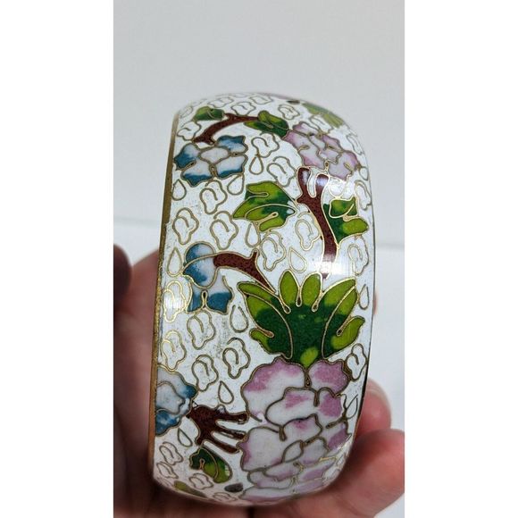 Large Wide Vintage Cloisonne Enamel Bangle Bracelet - Flowers Leaves Clouds - Picture 9 of 16